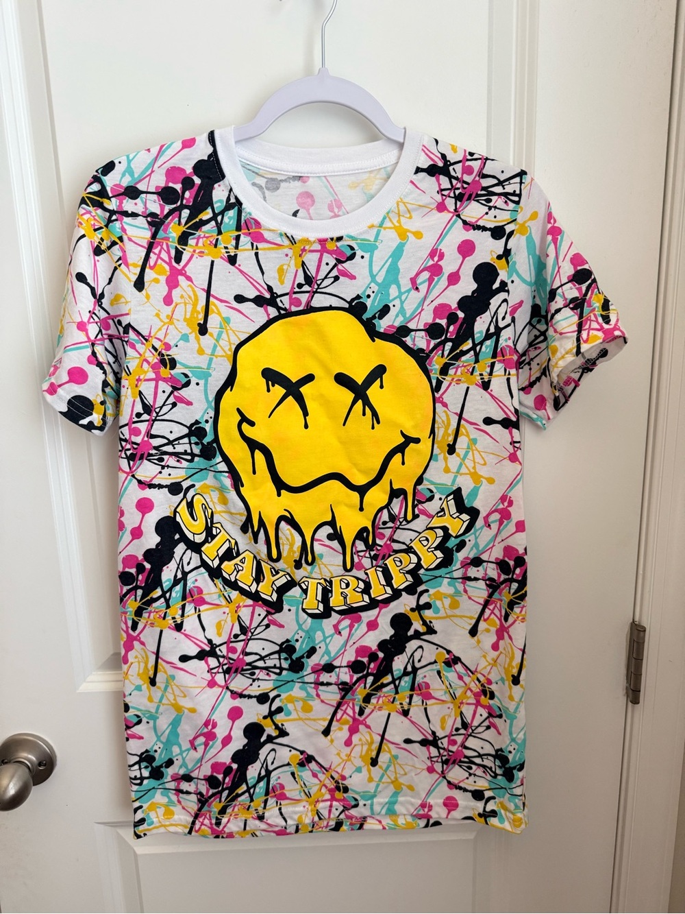 Vibe White Tee with Yellow Drip Smiley & Multicolor Paint Splatter